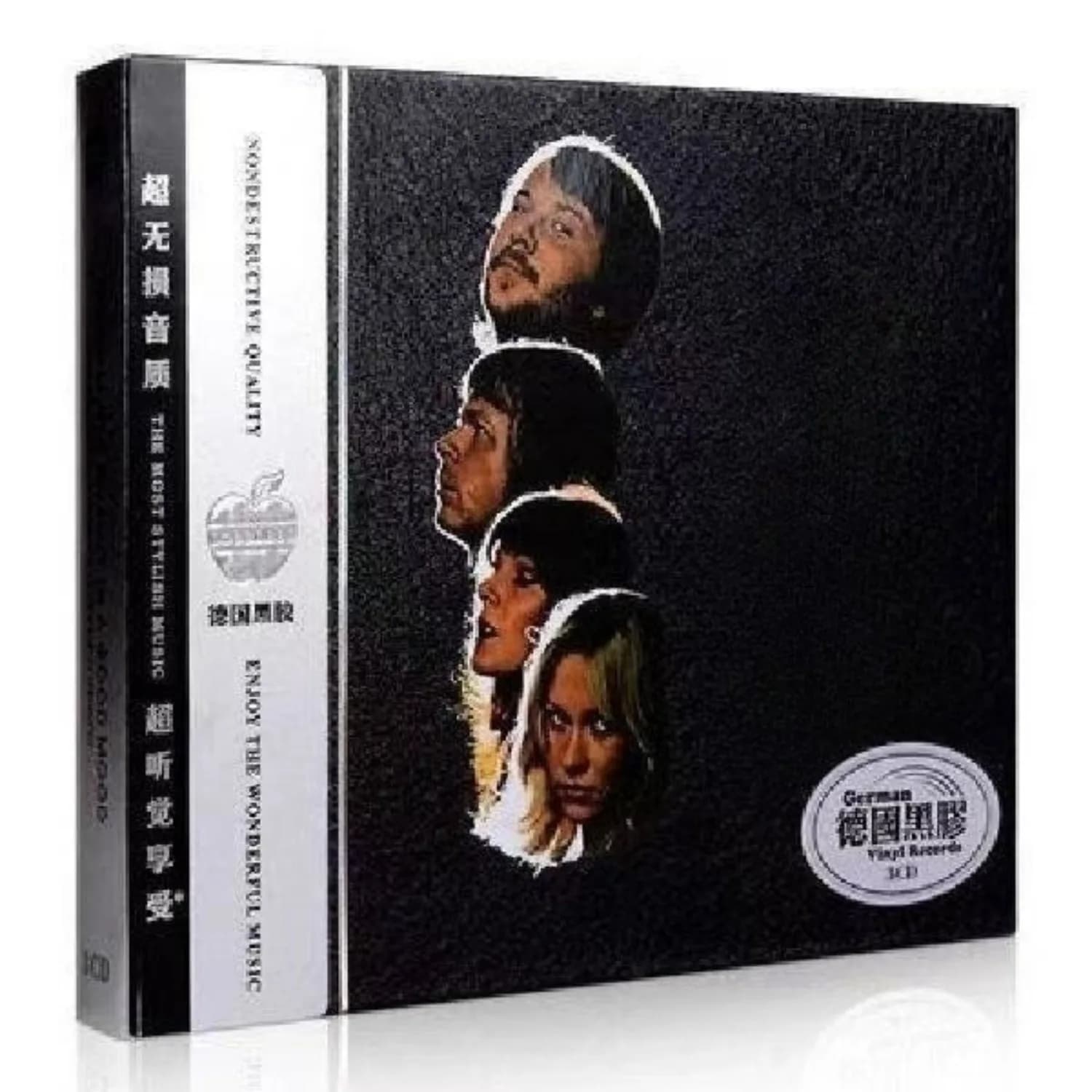 CD vintage années 70, disco pop européen, fond noir avec portraits stylisés des membres du groupe, d