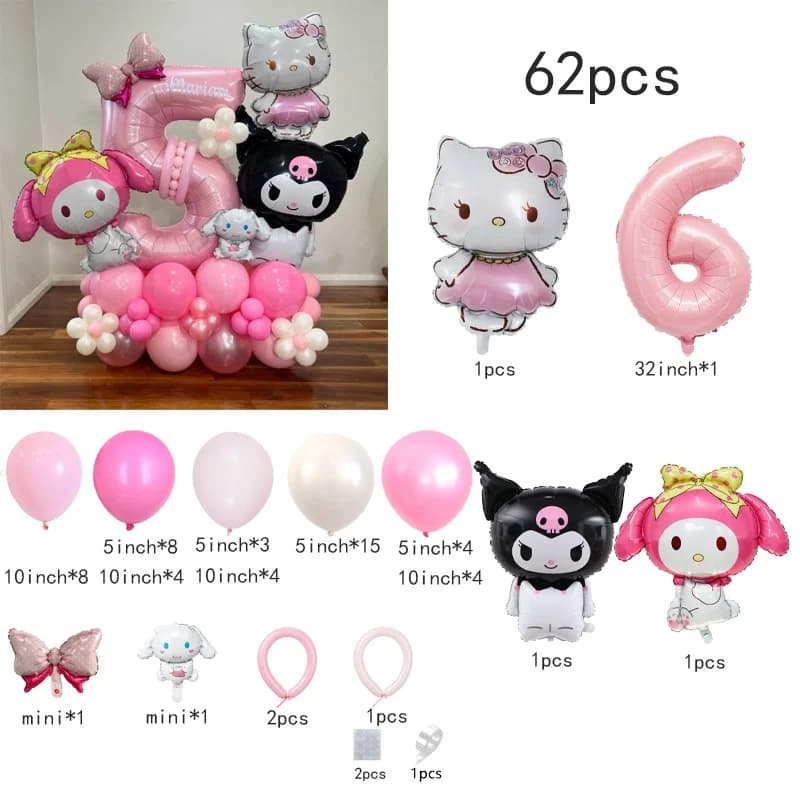 Paquet de 60 rouleaux de cannelle et ballons Hello Kitty en aluminium et latex – Cadeau d'anniversai