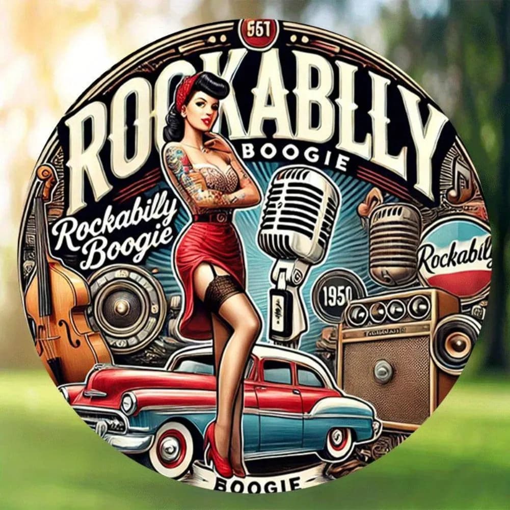 Panneau métallique rétro "Rock and Roll Heat", Art Pin-Up rond et vibrant pour fille, décor Rockabil