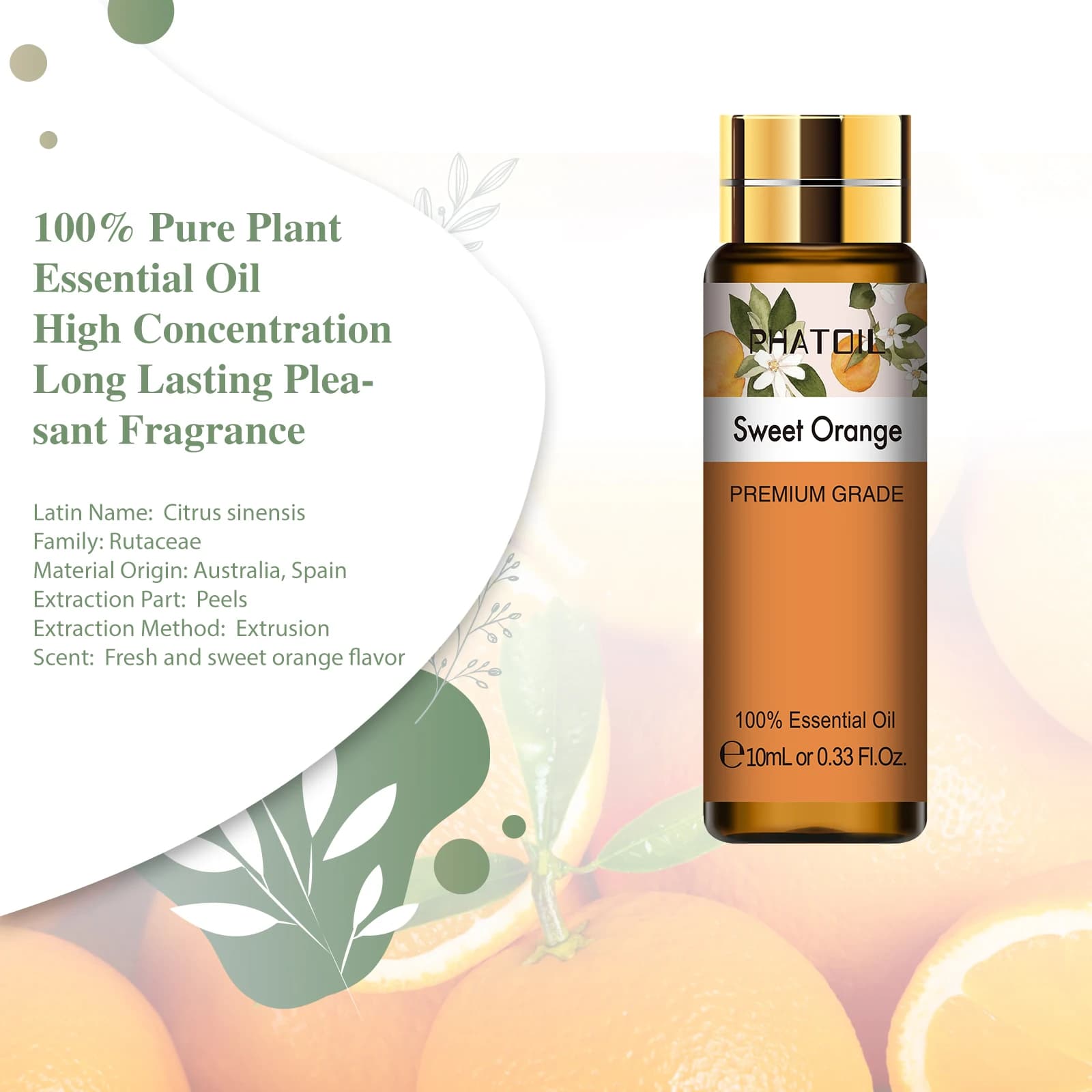 PHATOIL 10ml huile essentielle Pure Orange douce avec compte-gouttes pour humidificateur diffuseur m