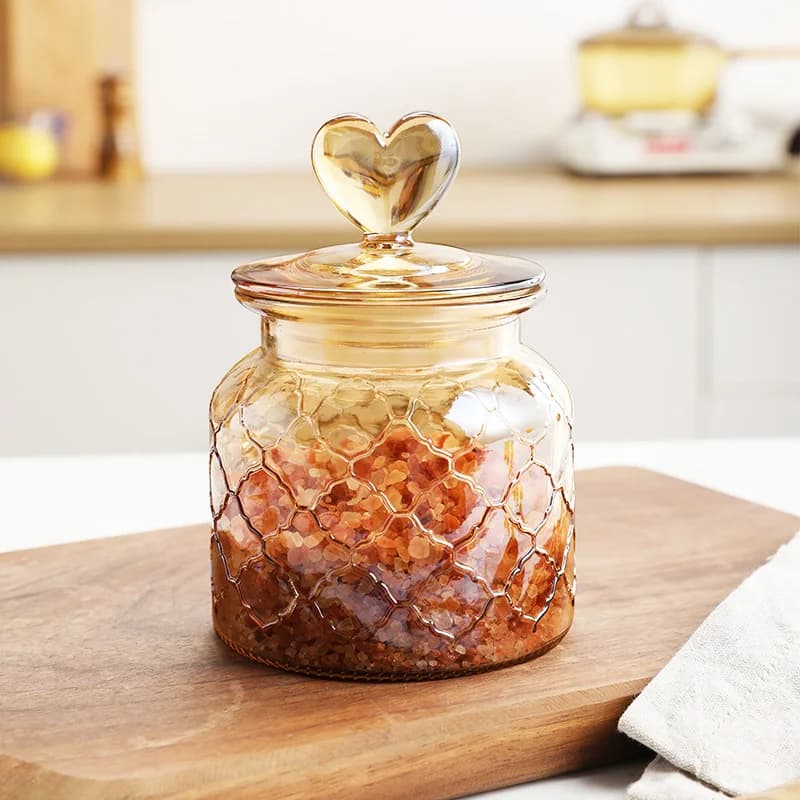 Bouteille en verre coeur ambré, pot scellé avec couvercle, récipient de stockage des aliments de cui