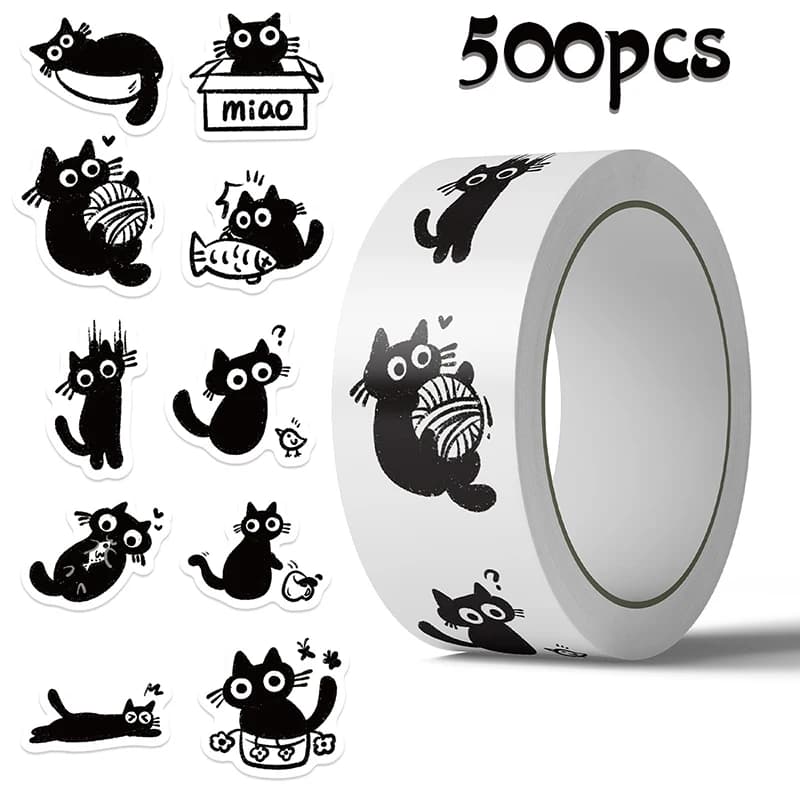 500 autocollants en rouleau motif chat de dessin animé mignon, décoratifs DIY pour guitare, téléphon