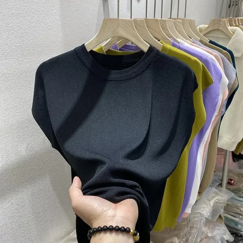 T-shirt femme d'été col rond tricoté, chemisier mode femme 2026, t-shirt à manches courtes couleur u