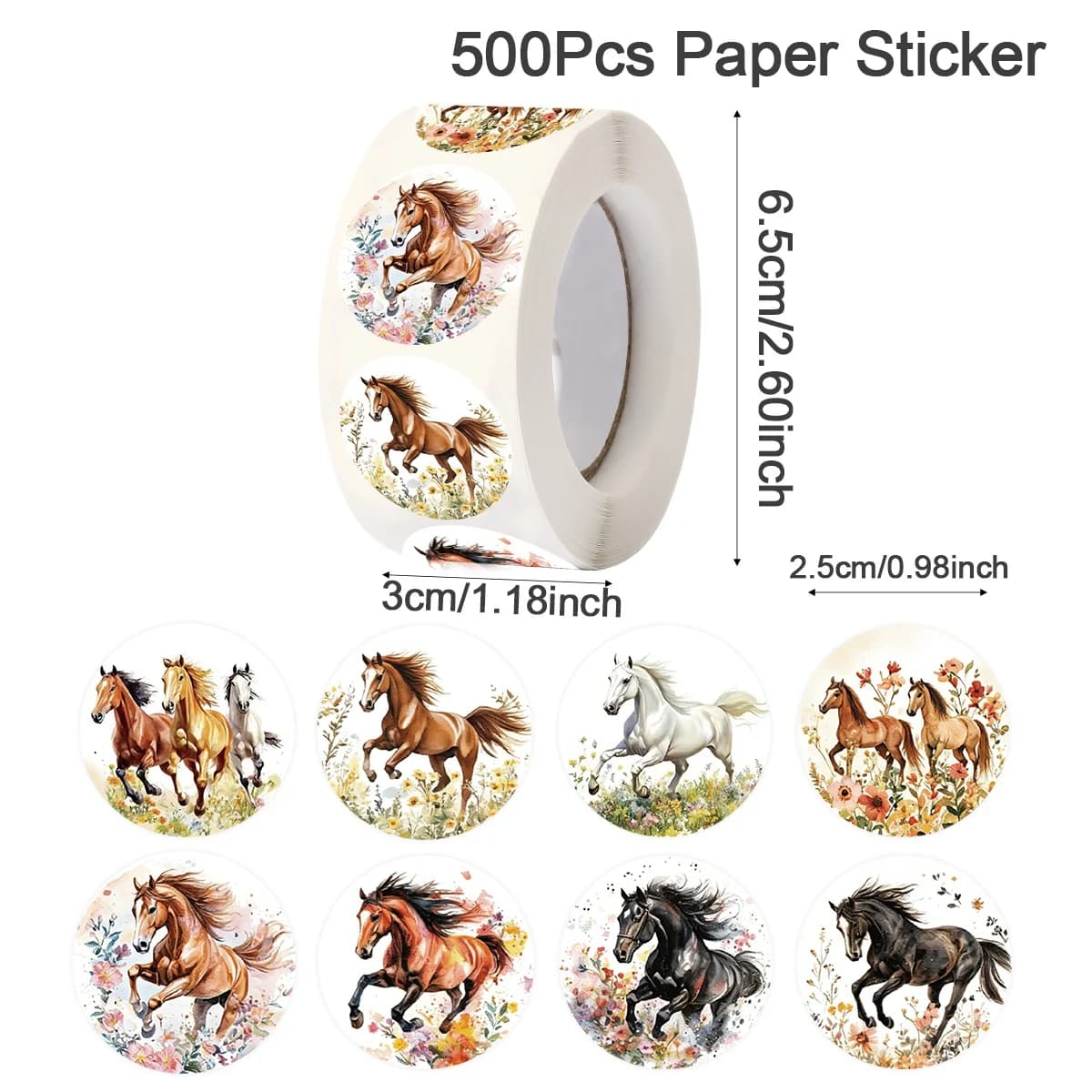 Autocollants cheval en rouleau, 500 pièces/rouleau, autocollants ronds imperméables à l'eau, motif c
