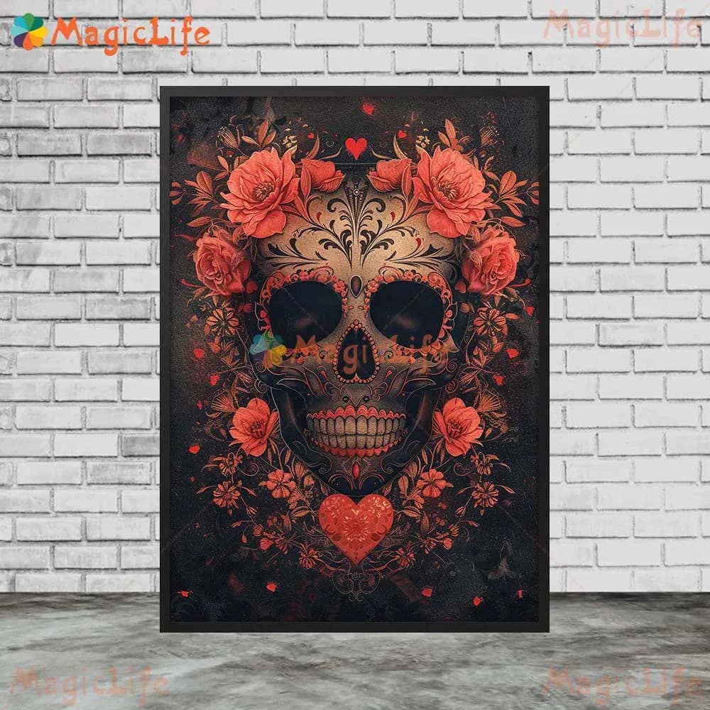 Affiches murales de crâne de fleur, le jour des morts au mexique, images murales pour salon, guitare