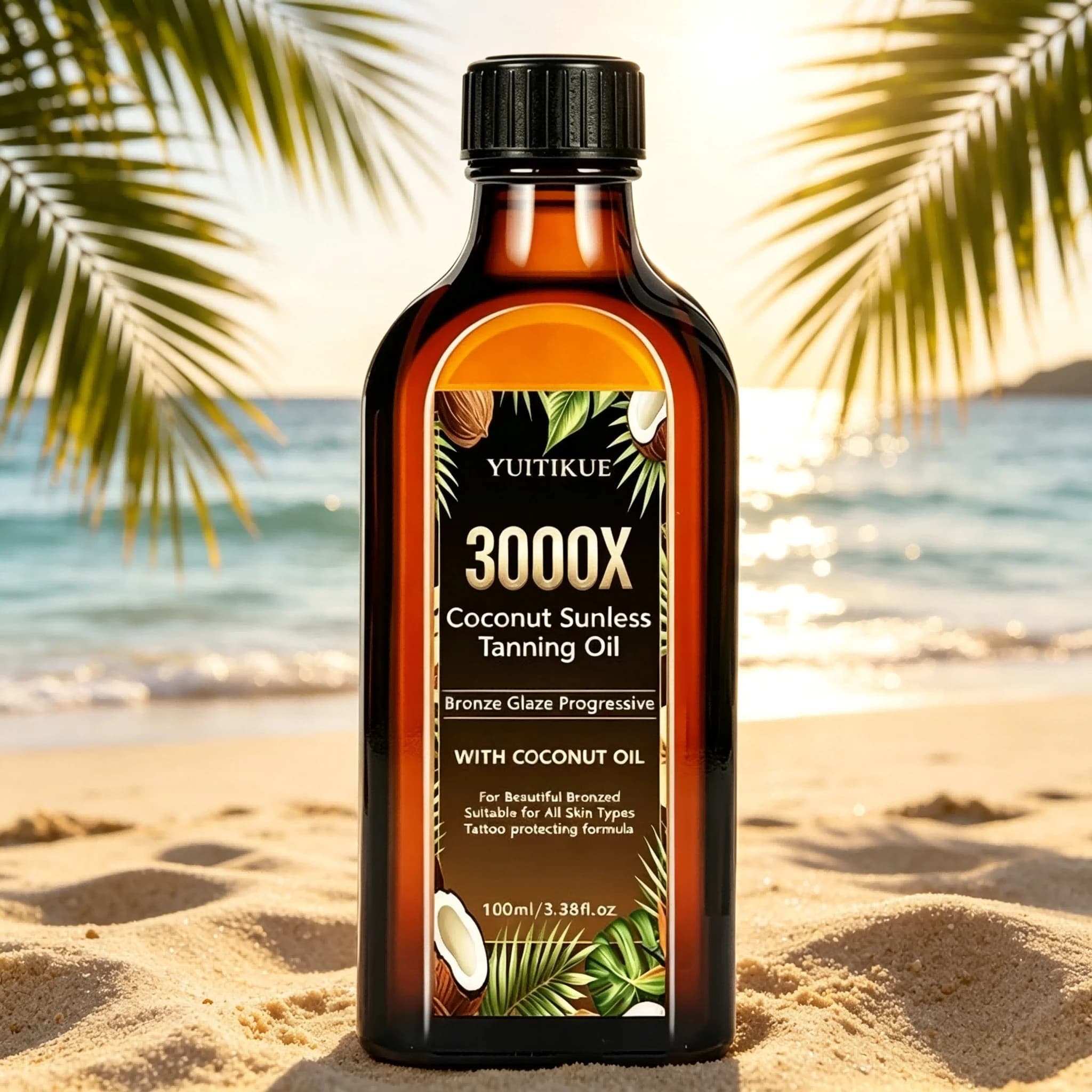 YUITIKUE 100ml 3000X Huile de Bronzage Sans Soleil à la Noix de Coco, Bronzage Progressif, Éclat Bro