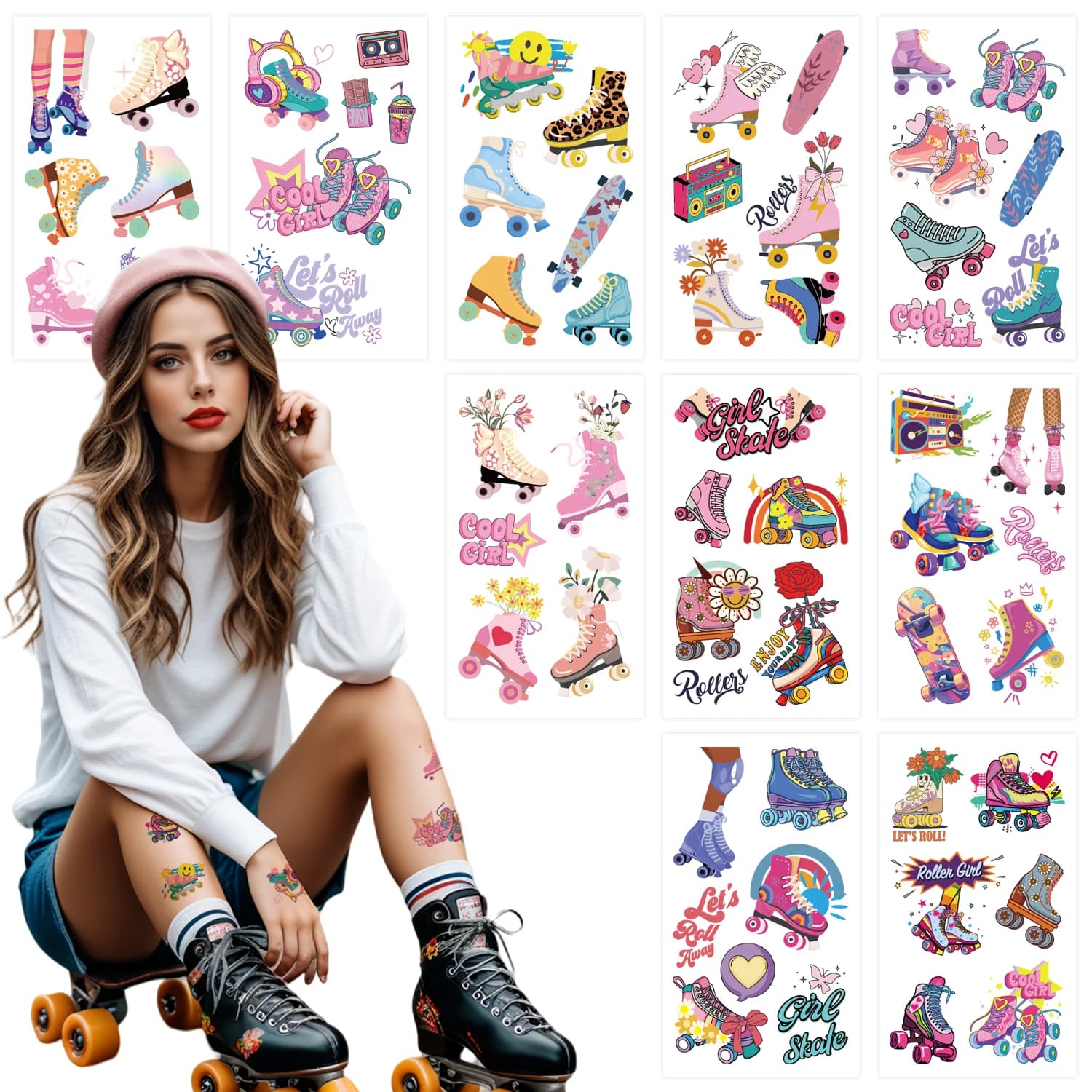 Tatouages temporaires sur le thème des rollers, présentant divers styles de rollers, de skateboards,