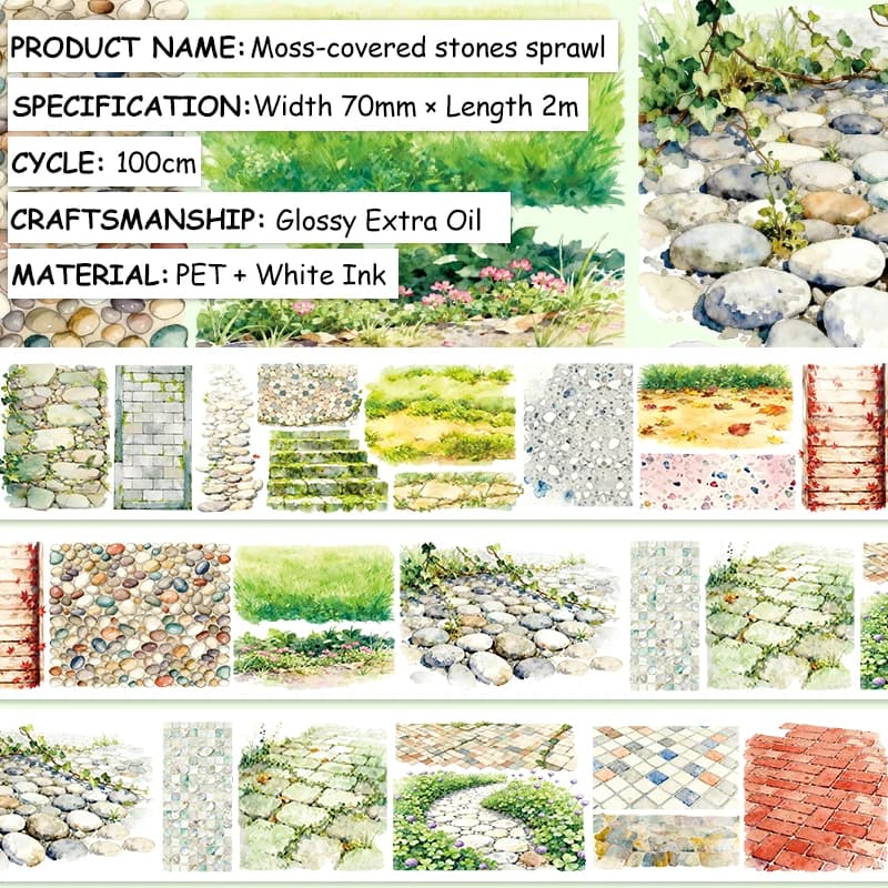 Ruban PET 70mm*200cm Motif Route en Pierre Vintage, Matériel Créatif DIY pour Journal, Collage, Scra