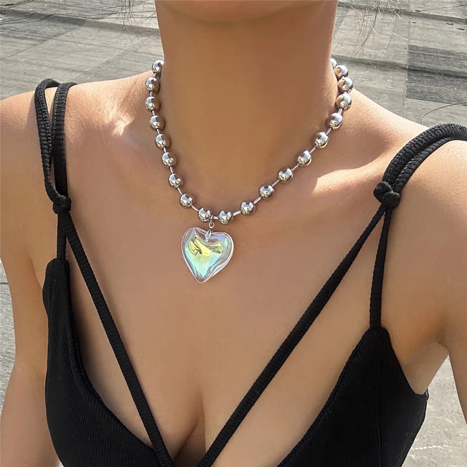 Collier pendentif coeur d'amour coloré pour femme, perles de document en argent, accessoires bijoux,