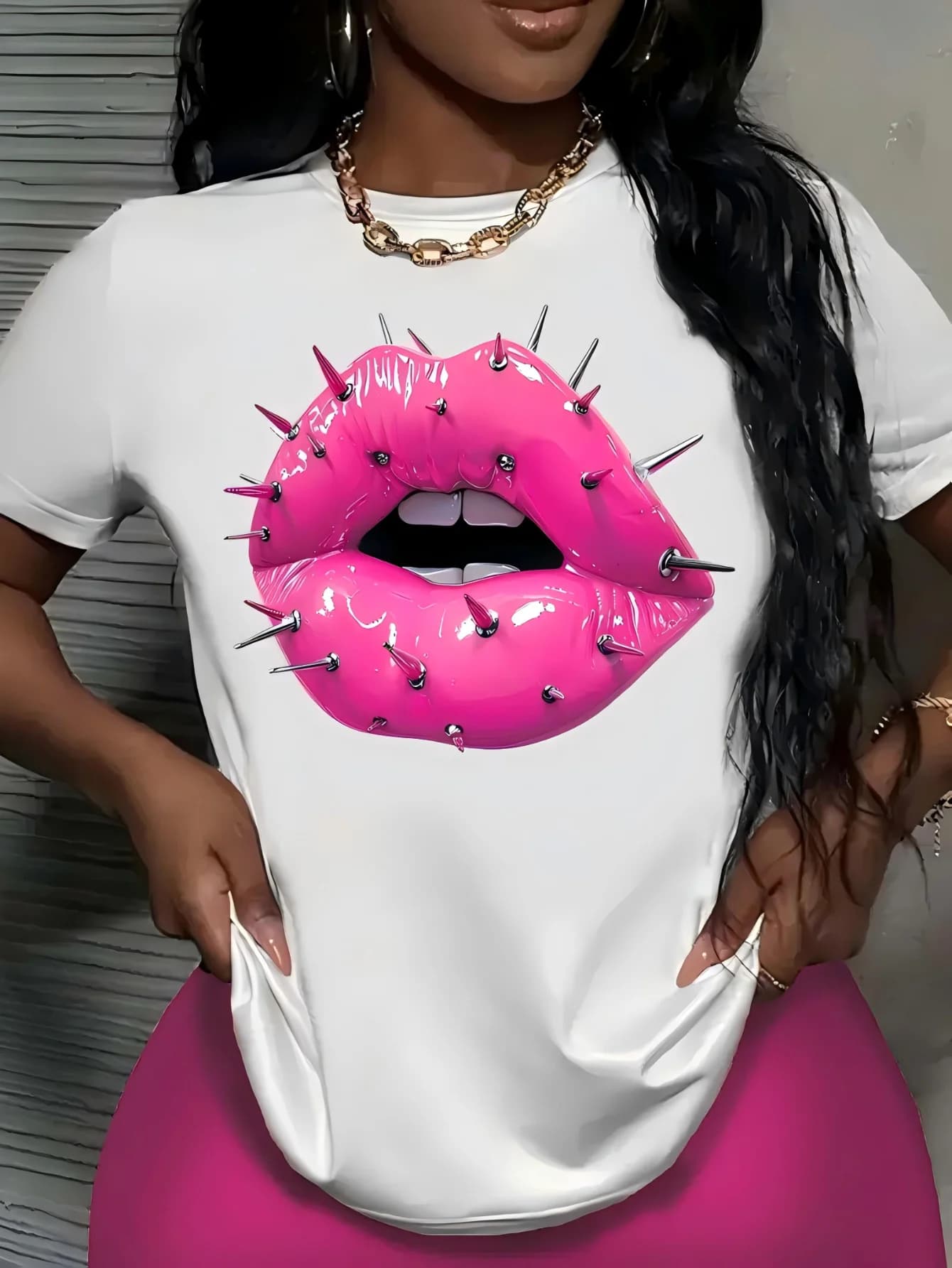 T-Shirt à manches courtes et col ras du cou pour femme, vêtement d'été décontracté, imprimé lèvres à