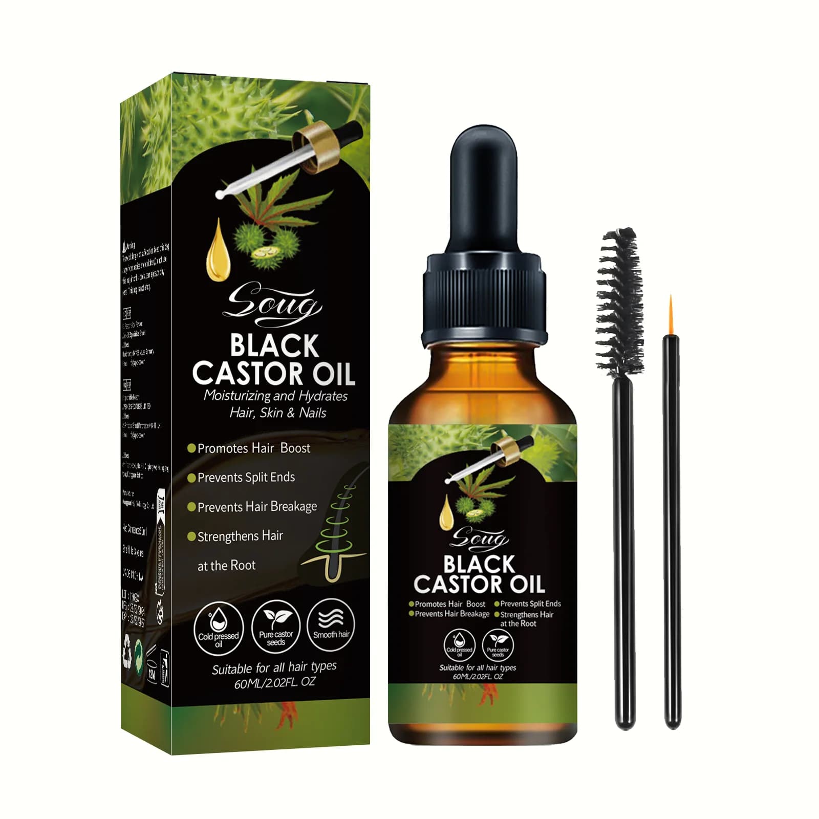 Huile de ricin noire 60ML, croissance naturelle des cheveux, cuir chevelu jamaïcain, prévention de l
