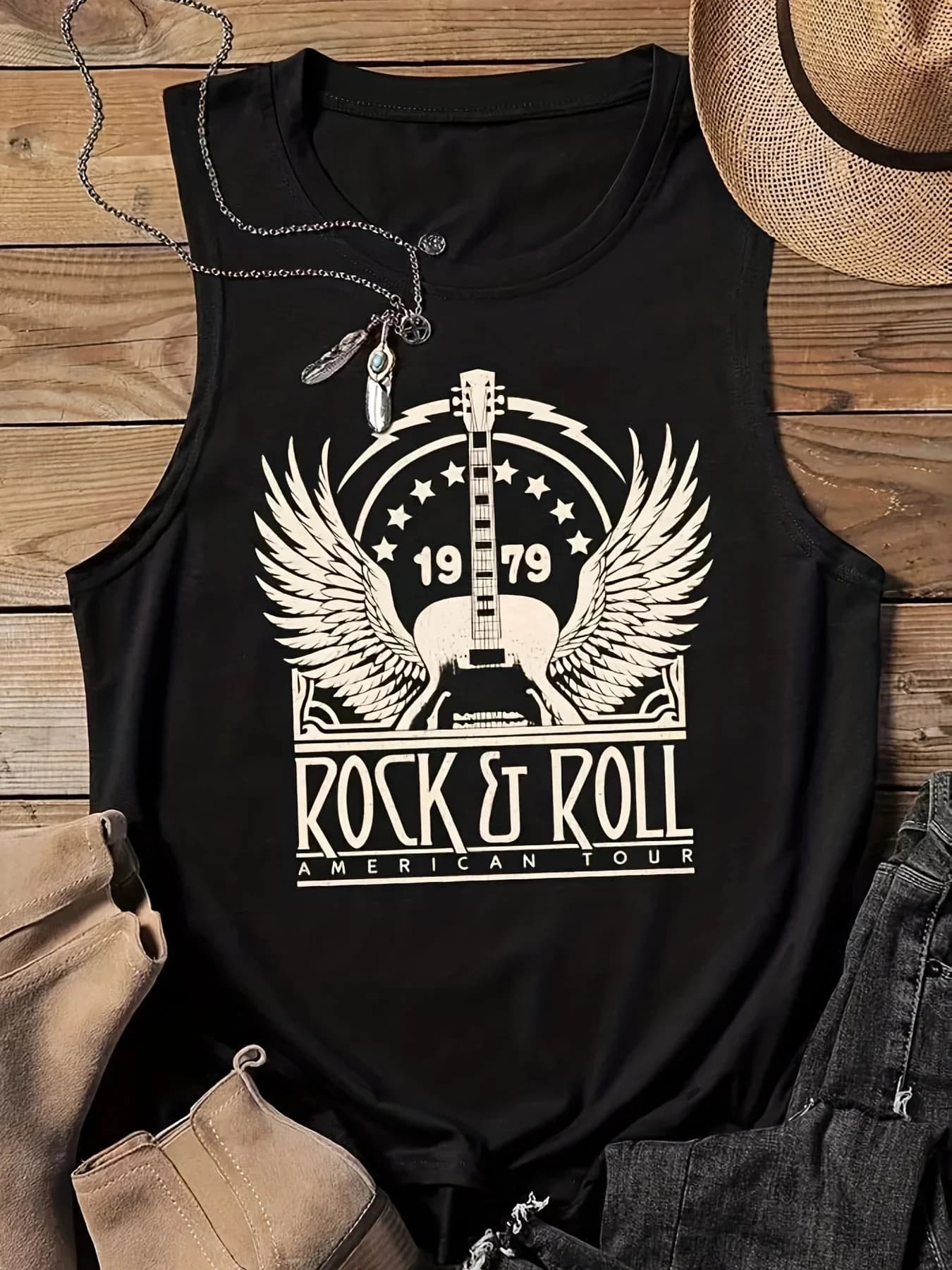 Femmes été ROCK rouleau lettre imprimer grand décontracté sans manches ample débardeur T-shirt impri