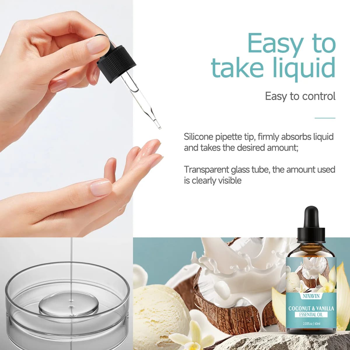 30 ml/60 ml/100 ml NIVAVIN huile essentielle de noix de coco et de vanille Massage corporel soins de la peau hydratant et rafraîchissant l'air
