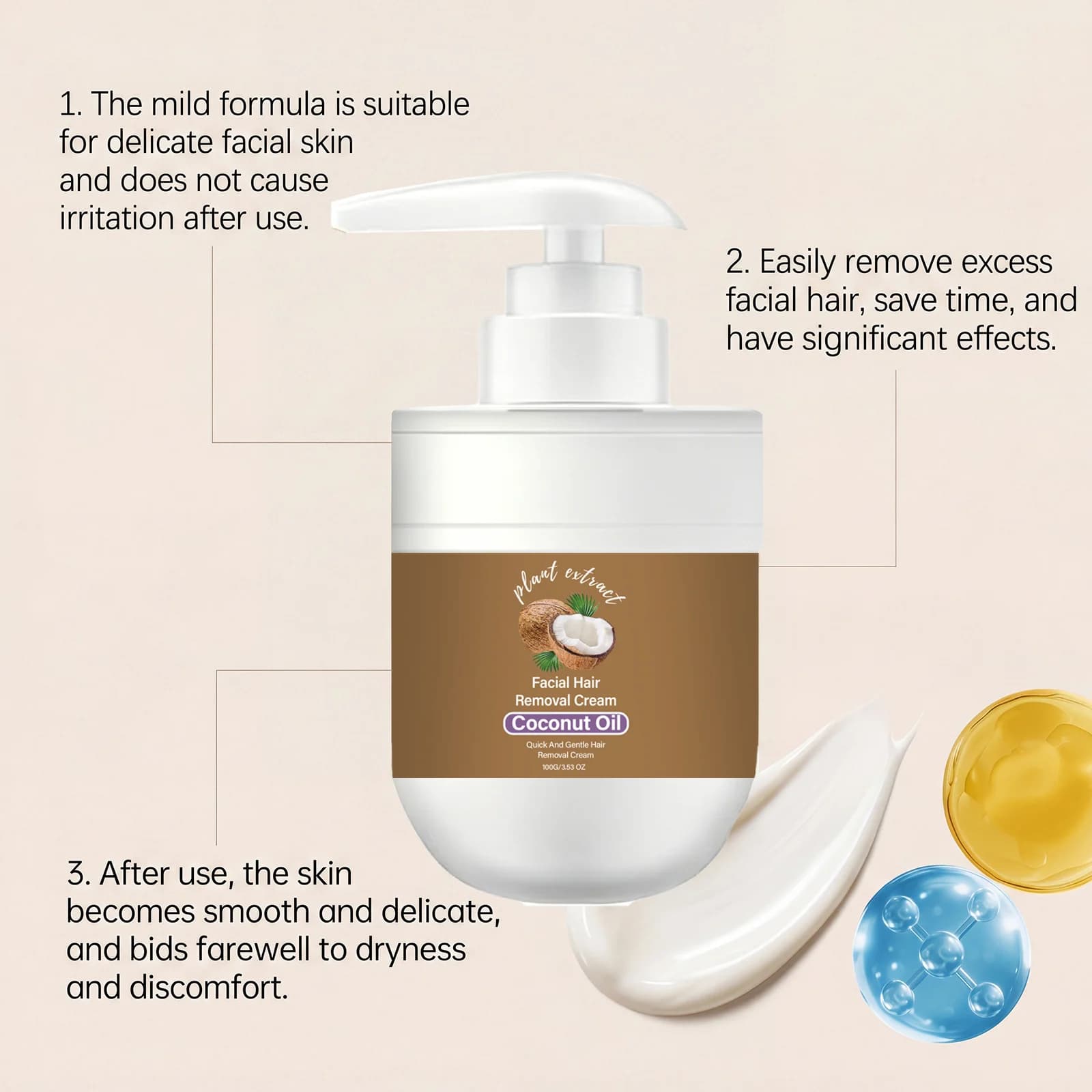 Crème dépilatoire douce à l'huile de coco pour le visage, formule pour femmes, pour le dessus du visage, le menton, les pattes de singe, les poils de pêche, extrait végétal, 100g