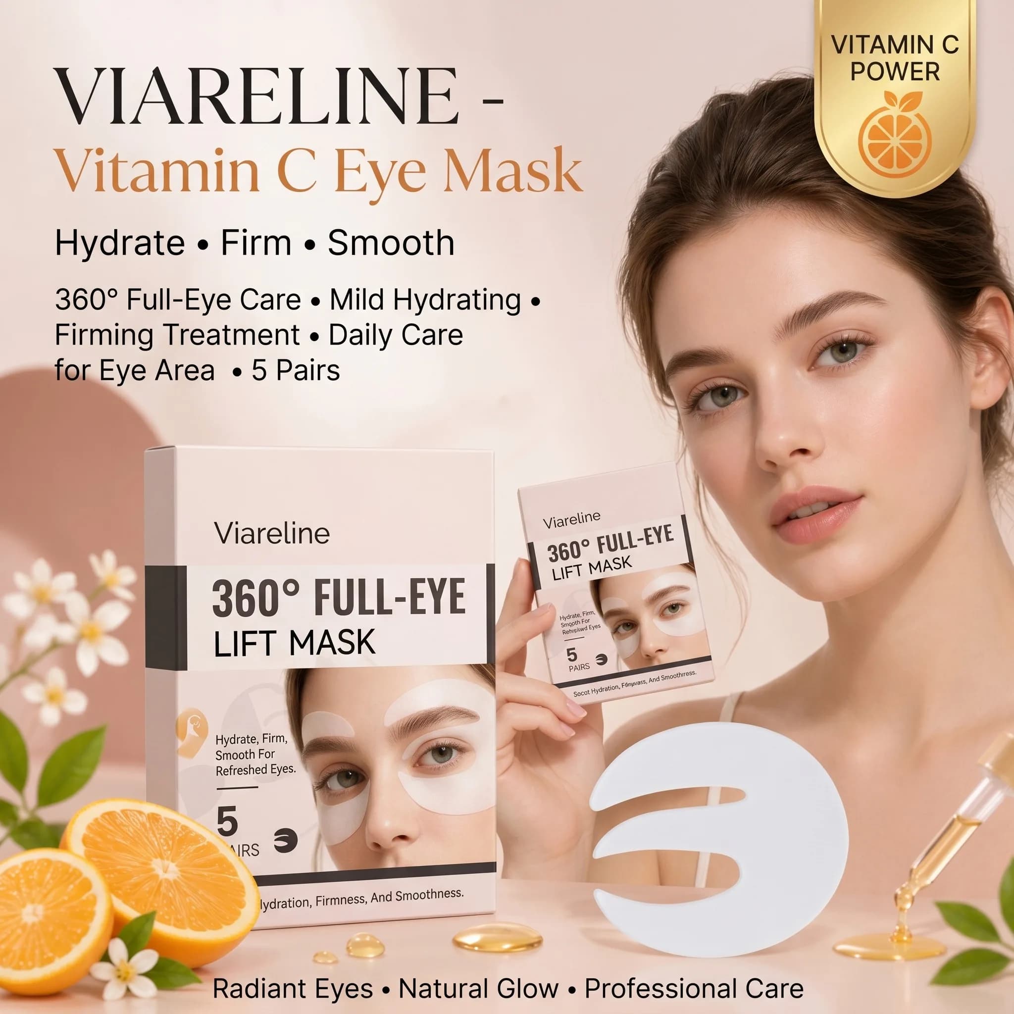 5 Paires de Masques Contour des Yeux Hydratants et Raffermissants Viareline à la Vitamine C – Soin Quotidien Doux pour