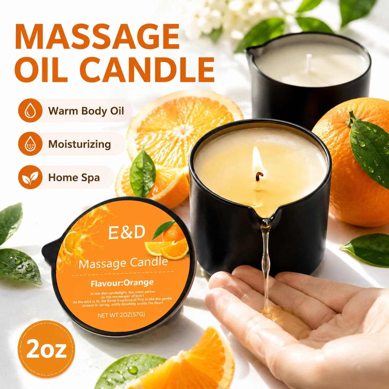 Bougie de massage à l'huile d'orange 2 oz, bougie de massage corporel qui se transforme en huile chaude pour le corps, aromathérapie hydratante, cadeau spa à domicile pour femmes