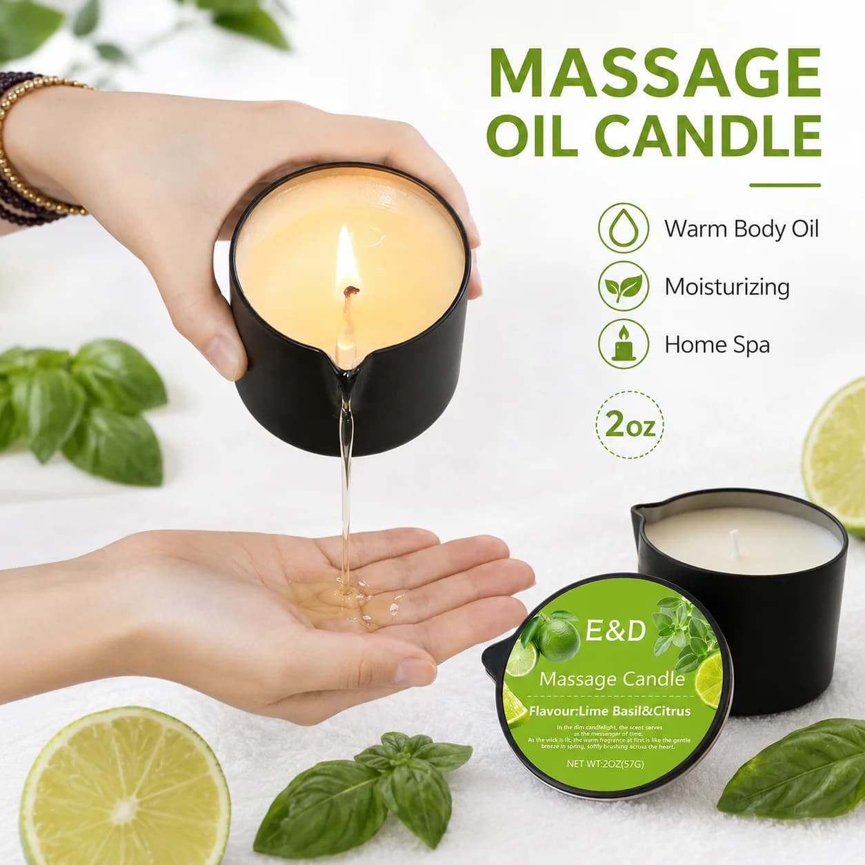 Bougie de massage à l'huile de citron, basilic et agrumes 2 oz, bougie à l'huile chauffante pour massage hydratant, aromathérapie, spa à domicile, cadeau relaxant