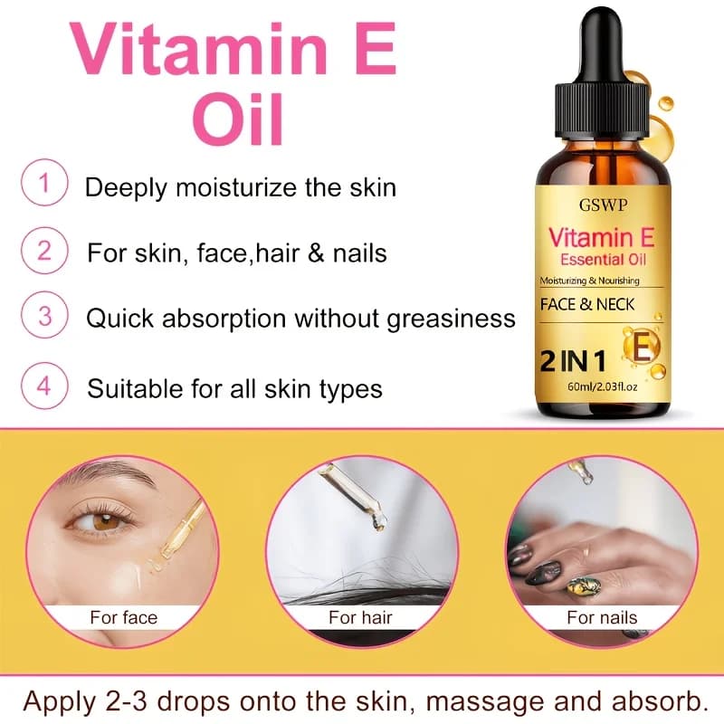 Huile essentielle de vitamine E GSWP : Hydratation intense et soulagement de la sécheresse ; Convient pour le cou. 60ml/120ml