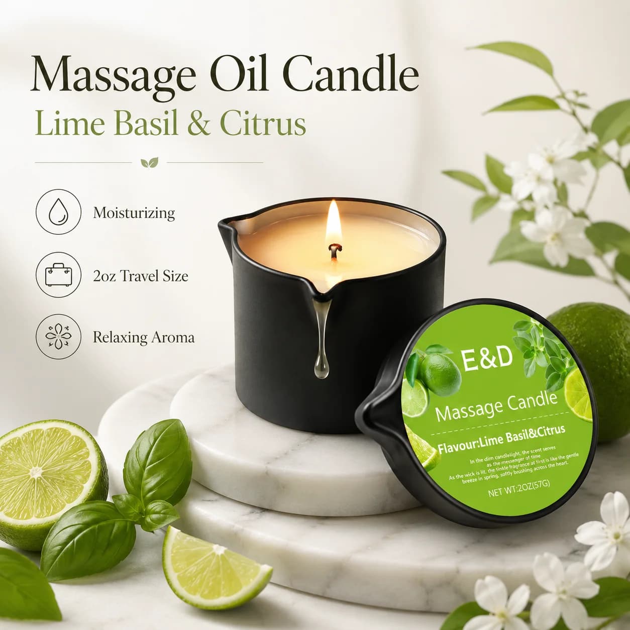 Bougie de massage à l'huile de citron, basilic et agrumes 2 oz, bougie à l'huile chauffante pour massage hydratant, aromathérapie, spa à domicile, cadeau relaxant