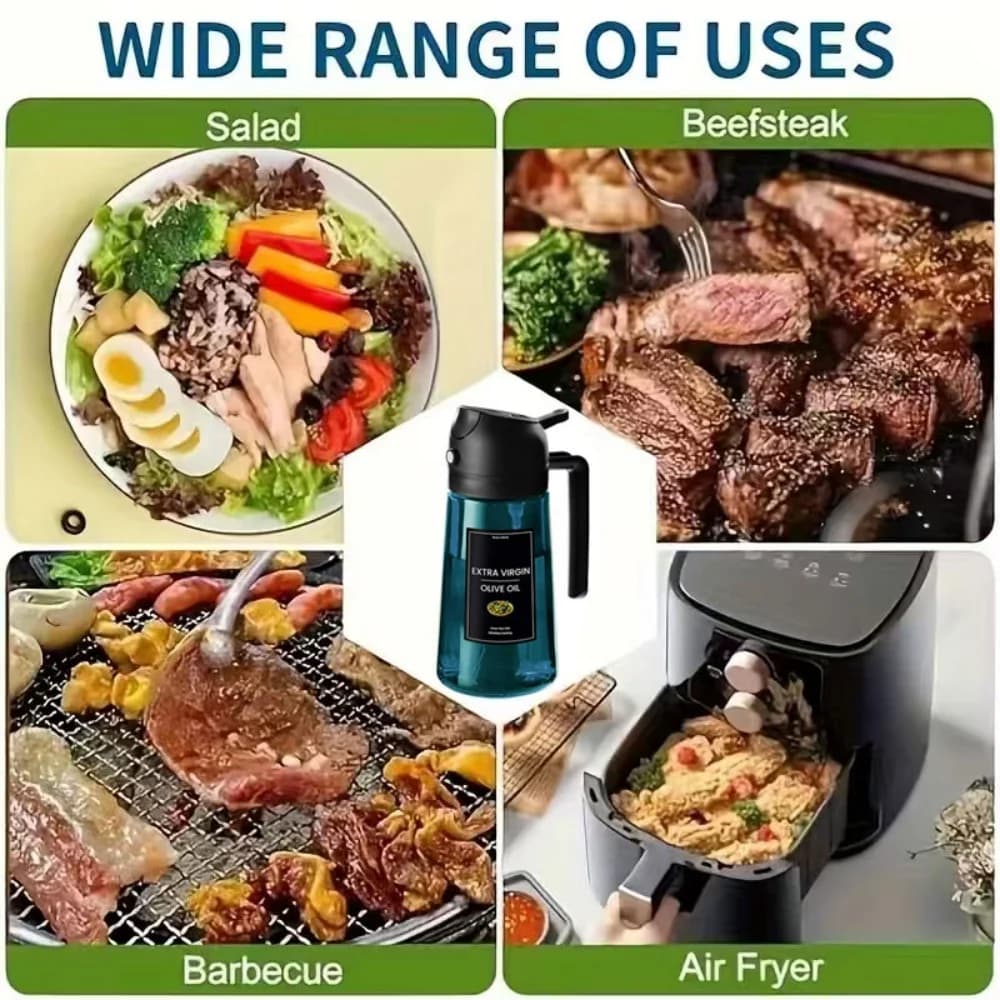 Pulvérisateur d'huile d'olive en verre bleu de 16 oz/470 ml pour la cuisine - Distributeur d'huile d'olive 2 en 1 pour gadgets de cuisine, friteuse à air, salade et barbecue