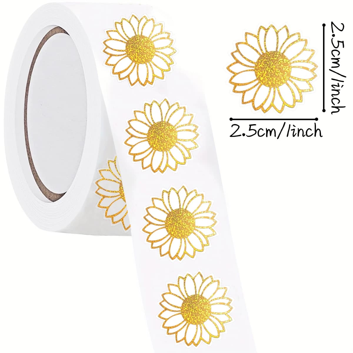 Rouleau d'autocollants tournesol doré en aluminium, étiquettes rondes florales pour Scrapbooking, journaux, planificateurs, emballage cadeau, 500 pièces