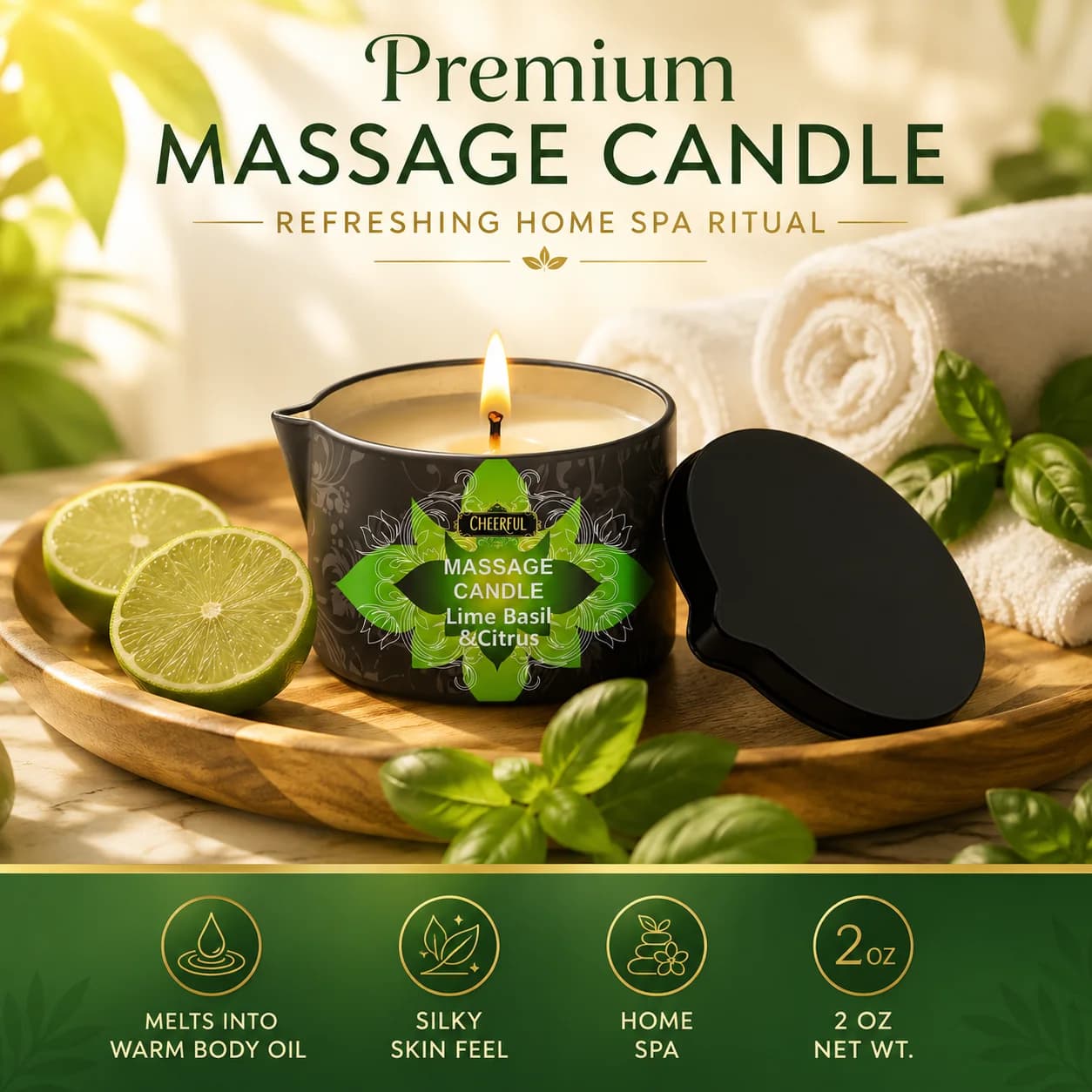 Bougie de massage à l'huile de citron, basilic et agrumes 2oz, bougie de massage corporel, huile corporelle chauffante, aromathérapie hydratante, cadeau spa à domicile pour elle