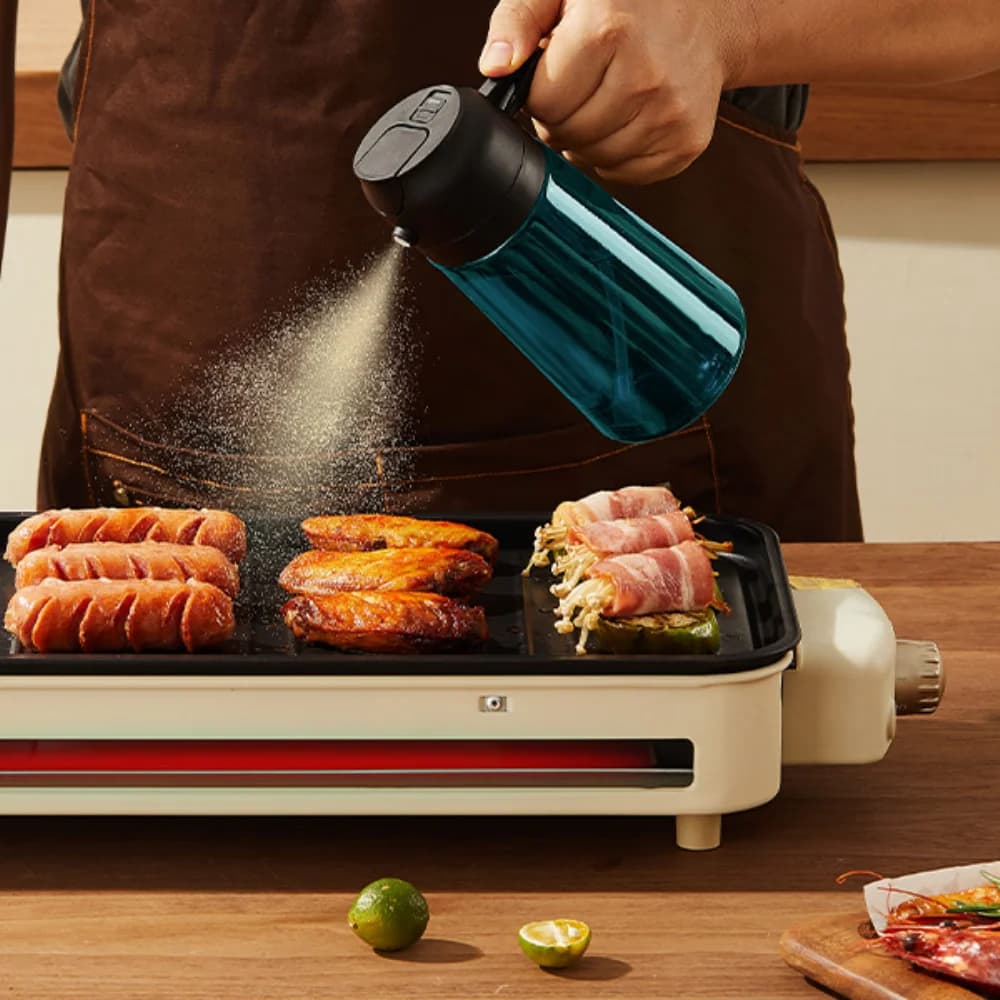 Pulvérisateur d'huile d'olive en verre bleu de 16 oz/470 ml pour la cuisine - Distributeur d'huile d'olive 2 en 1 pour gadgets de cuisine, friteuse à air, salade et barbecue