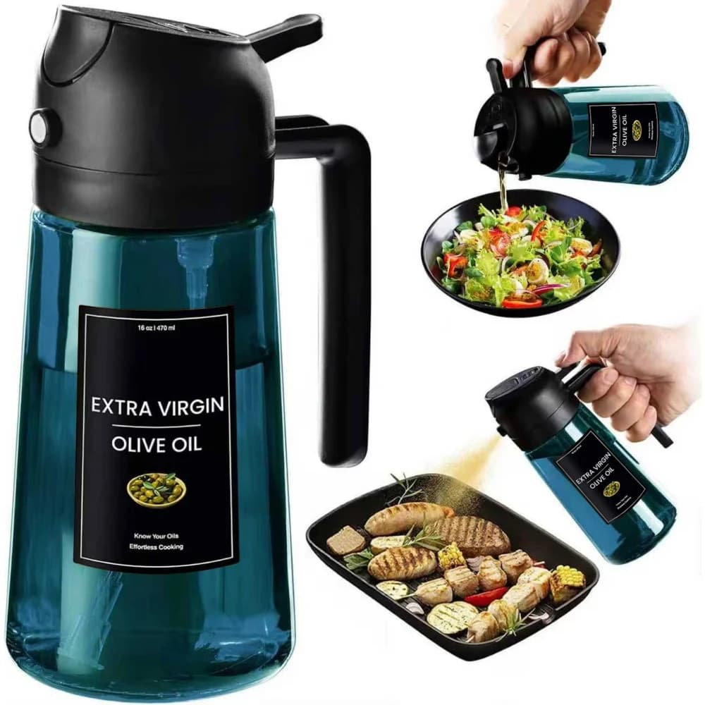 Pulvérisateur d'huile d'olive en verre bleu de 16 oz/470 ml pour la cuisine - Distributeur d'huile d'olive 2 en 1 pour gadgets de cuisine, friteuse à air, salade et barbecue