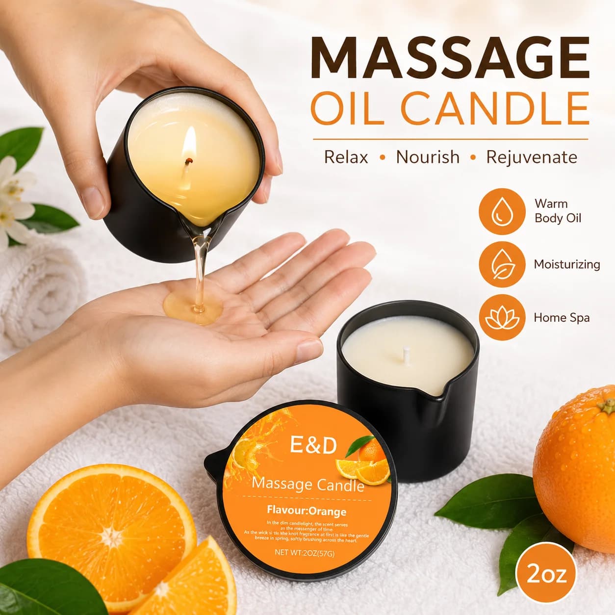 Bougie de massage à l'huile d'orange 2 oz, bougie de massage corporel qui se transforme en huile chaude pour le corps, aromathérapie hydratante, cadeau spa à domicile pour femmes