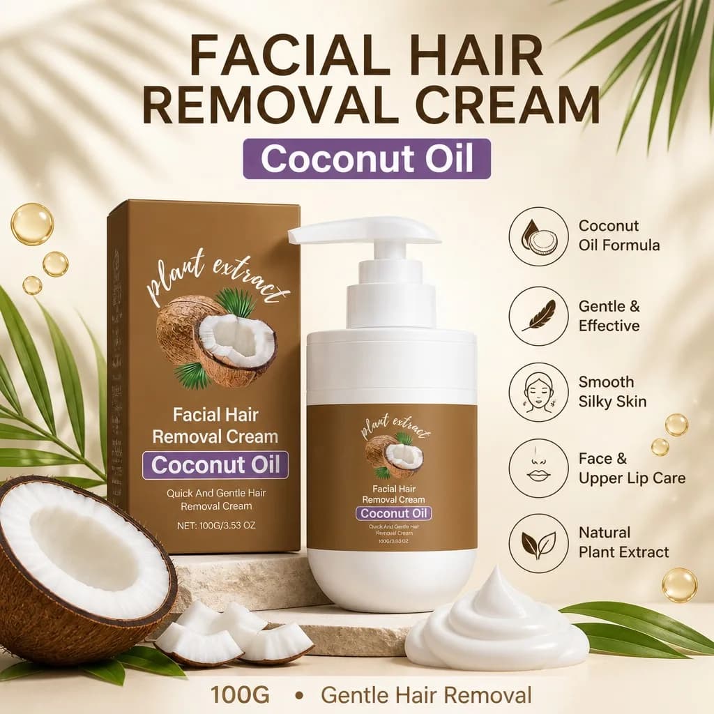 Crème dépilatoire douce à l'huile de coco pour le visage, formule pour femmes, pour le dessus du visage, le menton, les pattes de singe, les poils de pêche, extrait végétal, 100g