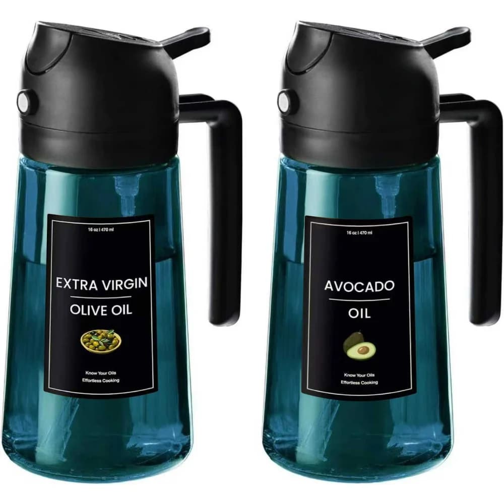 Pulvérisateur d'huile d'olive en verre bleu de 16 oz/470 ml pour la cuisine - Distributeur d'huile d'olive 2 en 1 pour gadgets de cuisine, friteuse à air, salade et barbecue