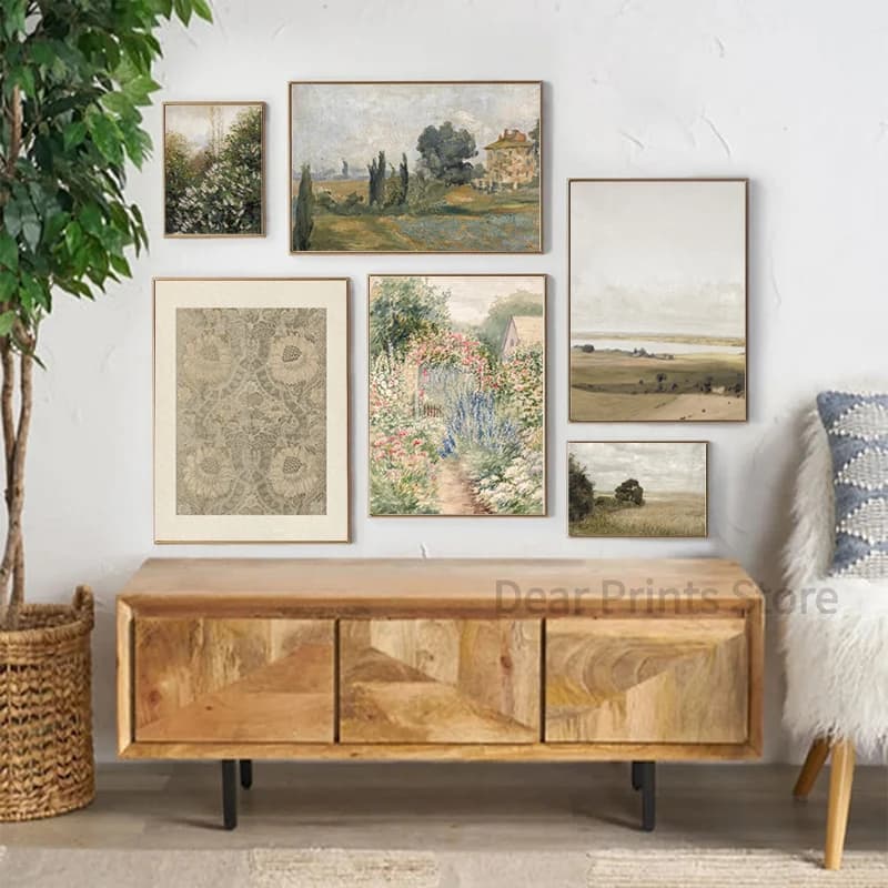 Toile de peinture à l'huile Vintage de paysage d'été, affiche de printemps neutre, galerie murale imprimée d'art rétro, ton vert, décor mural de ferme