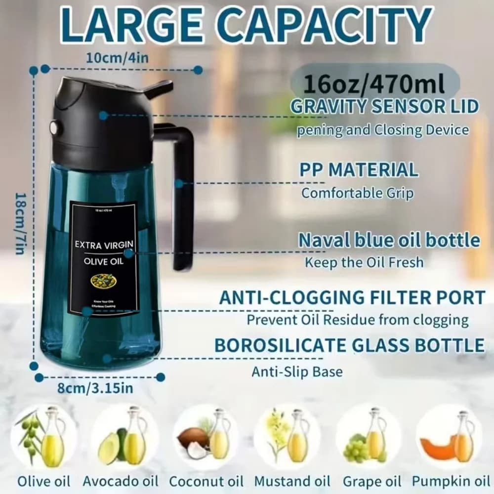 Pulvérisateur d'huile d'olive en verre bleu de 16 oz/470 ml pour la cuisine - Distributeur d'huile d'olive 2 en 1 pour gadgets de cuisine, friteuse à air, salade et barbecue