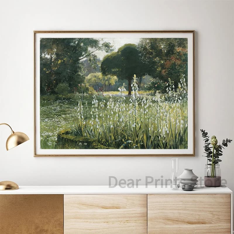 Toile de peinture à l'huile Vintage de paysage d'été, affiche de printemps neutre, galerie murale imprimée d'art rétro, ton vert, décor mural de ferme
