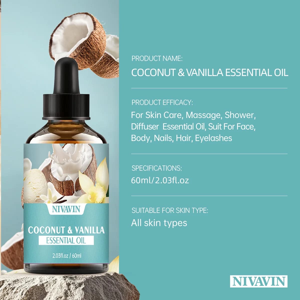 30 ml/60 ml/100 ml NIVAVIN huile essentielle de noix de coco et de vanille Massage corporel soins de la peau hydratant et rafraîchissant l'air