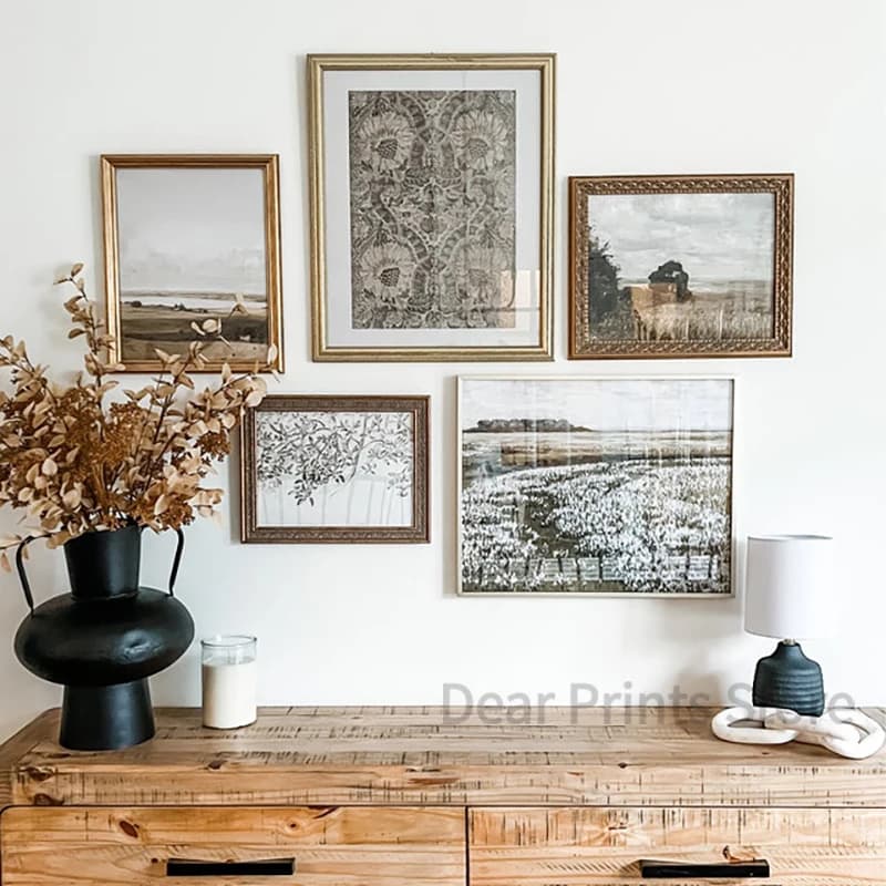 Toile de peinture à l'huile Vintage de paysage d'été, affiche de printemps neutre, galerie murale imprimée d'art rétro, ton vert, décor mural de ferme