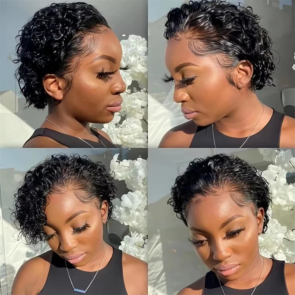 Perruque Lace Frontal Wig brésilienne bouclée, cheveux 100% naturels, coupe Pixie, 13x4, 13 × 1, Transparent, pour femmes noires