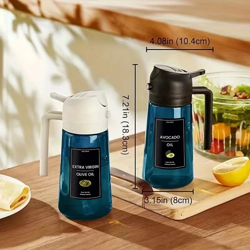 Pulvérisateur d'huile d'olive en verre bleu de 16 oz/470 ml pour la cuisine - Distributeur d'huile d'olive 2 en 1 pour gadgets de cuisine, friteuse à air, salade et barbecue