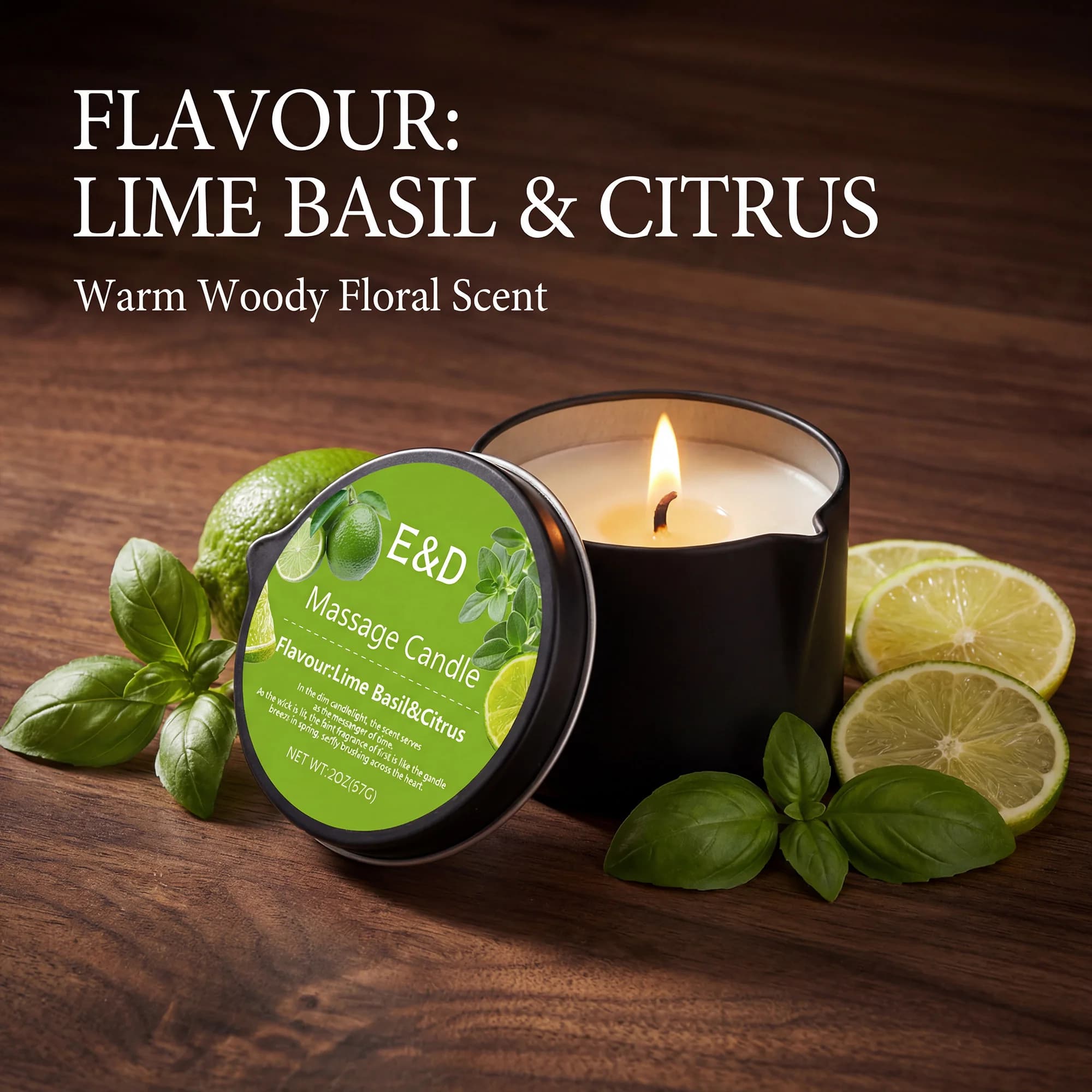 Bougie de massage à l'huile de citron, basilic et agrumes 2 oz, bougie à l'huile chauffante pour massage hydratant, aromathérapie, spa à domicile, cadeau relaxant
