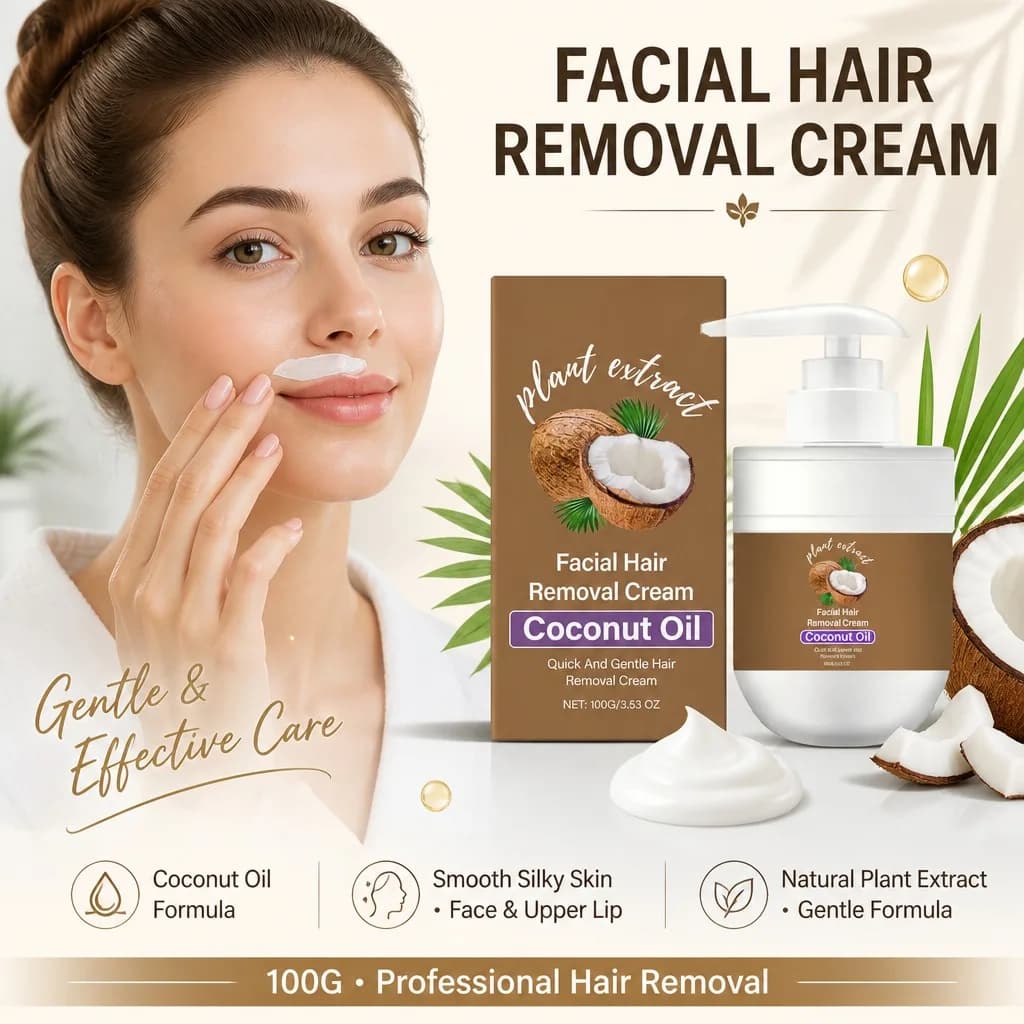 Crème dépilatoire douce à l'huile de coco pour le visage, formule pour femmes, pour le dessus du visage, le menton, les pattes de singe, les poils de pêche, extrait végétal, 100g