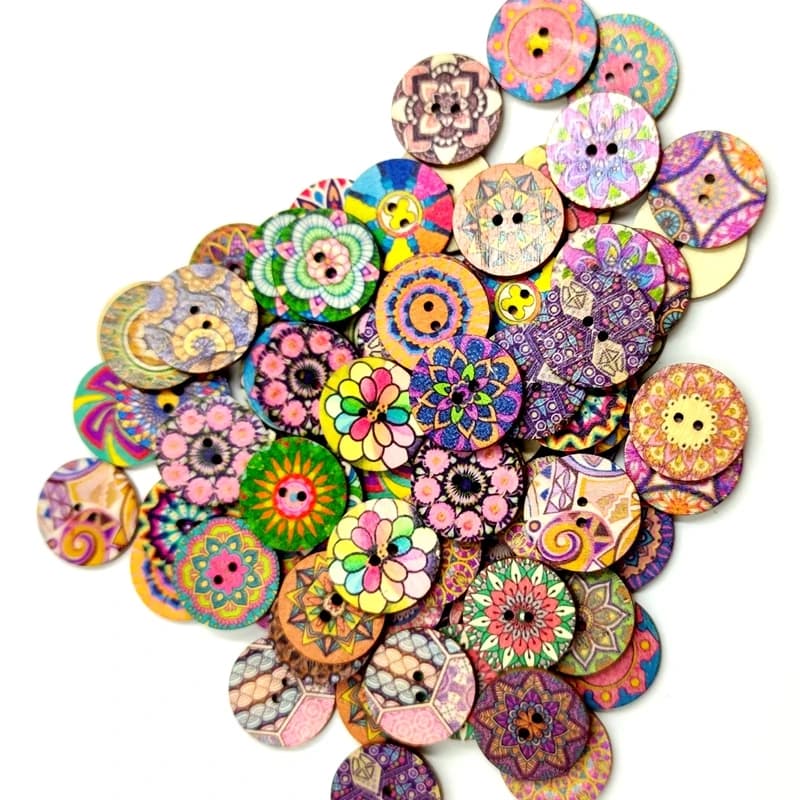 Lèvent ronds rétro en bois, processus de couture à la main, impression de copeaux de bois, bouton à deux trous, décoration de vêtements, bricolage, 15mm, 20mm, 25mm, 100 pièces