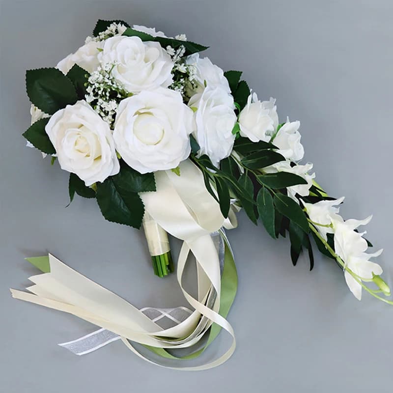 Fleur artificielle de bouquet de roses de goutte d'eau de mariée de cascade exquise, fleur de tenue de main, fleur de mariage de demoiselle d'honneur