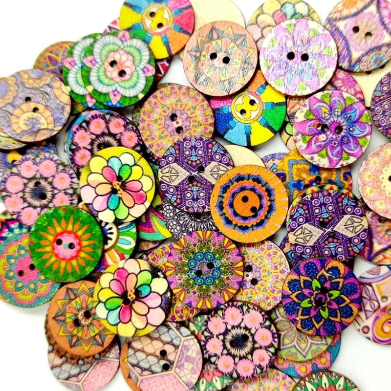 Lèvent ronds rétro en bois, processus de couture à la main, impression de copeaux de bois, bouton à deux trous, décoration de vêtements, bricolage, 15mm, 20mm, 25mm, 100 pièces
