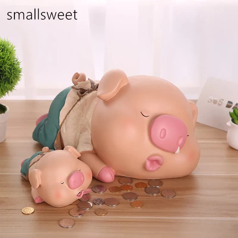 Tirelire en Forme de Cochon Couché en Résine, Grande Tirelire, Ornements Artisanaux pour la Maison