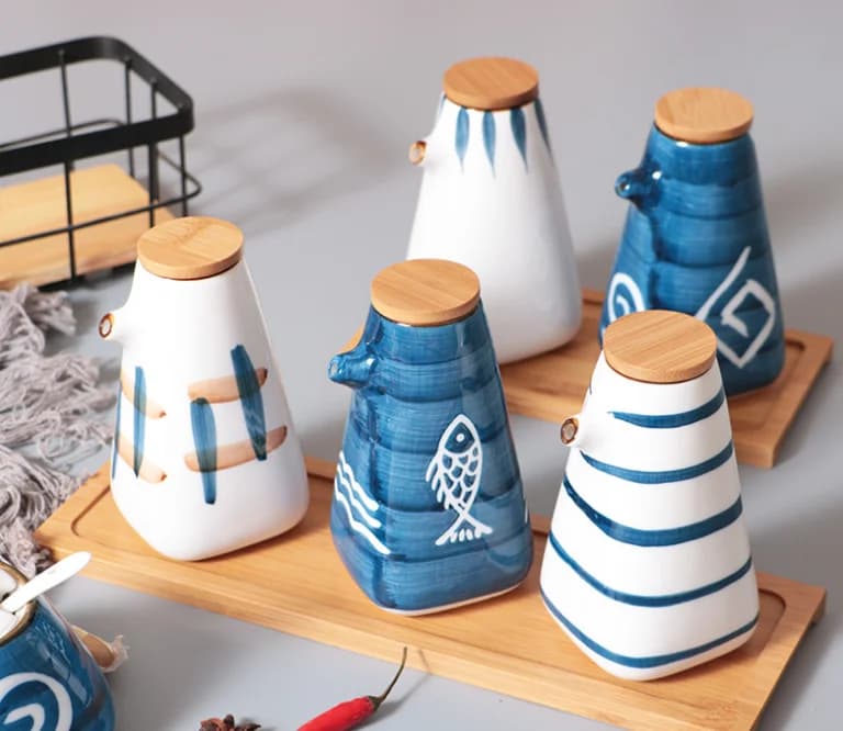 Distributeur d'Huile et Vinaigre de Style Japonais, Bouteille de Soja, Saucière en Céramique Précieuse, Assaisonnement, Pot à Épices, Cuisine