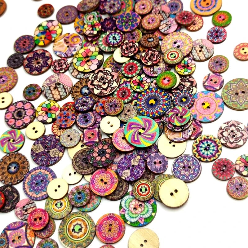 Lèvent ronds rétro en bois, processus de couture à la main, impression de copeaux de bois, bouton à deux trous, décoration de vêtements, bricolage, 15mm, 20mm, 25mm, 100 pièces
