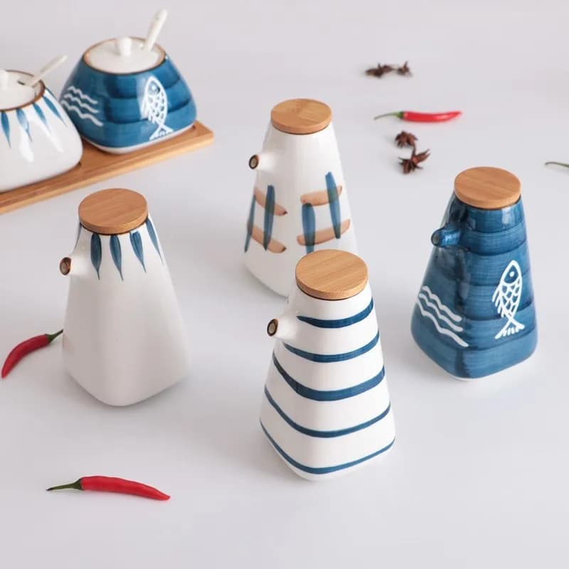 Distributeur d'Huile et Vinaigre de Style Japonais, Bouteille de Soja, Saucière en Céramique Précieuse, Assaisonnement, Pot à Épices, Cuisine