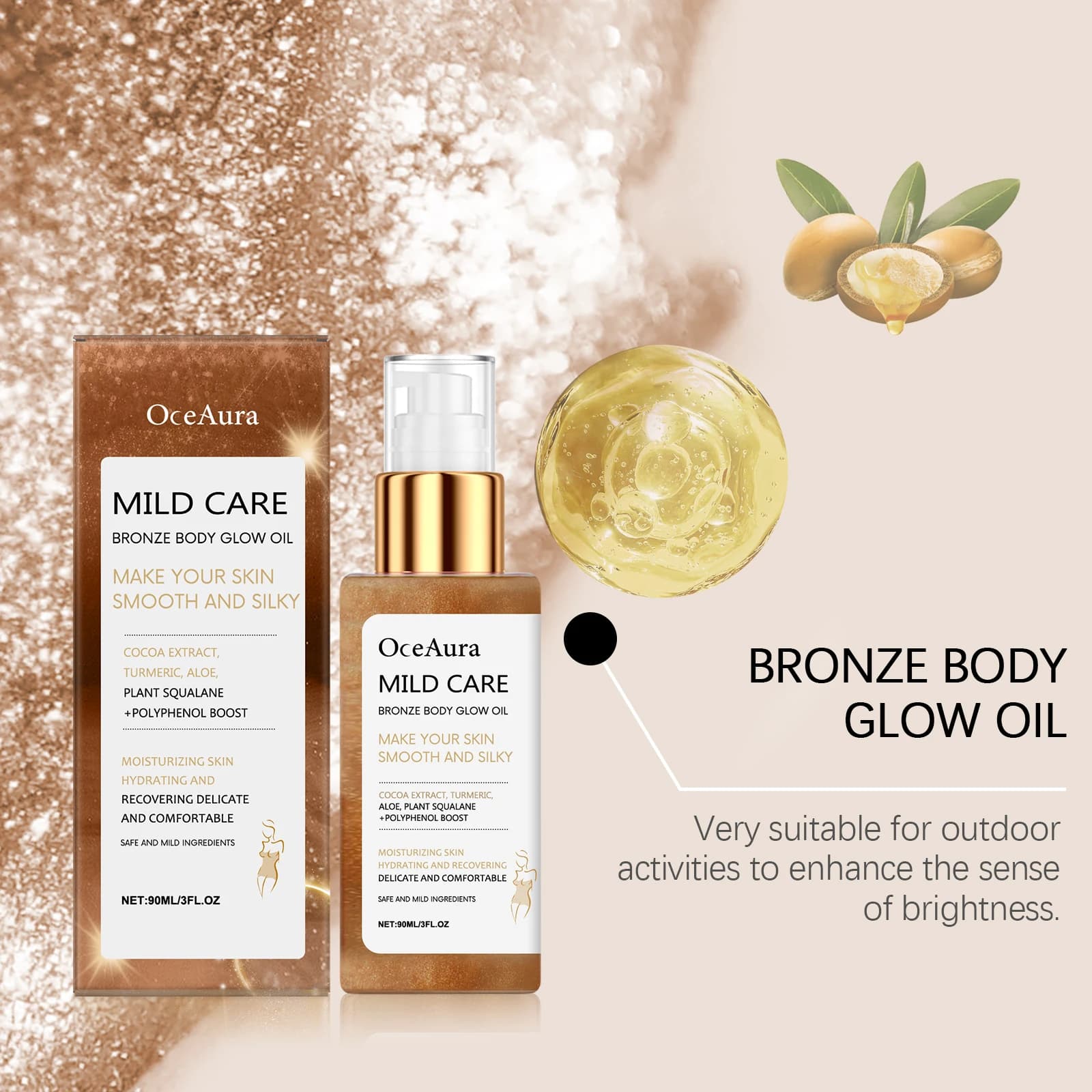 Huile Corporelle Scintillante Bronze, Illuminateur Corporel Lumineux pour le Bronzage, Huile Hydratante et Éclatante pour le Corps