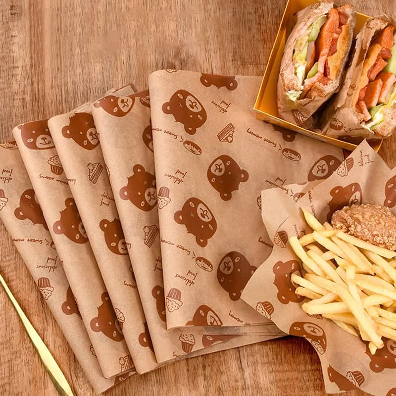 Rouleau d'emballage jetable résistant à l'huile, papier d'emballage pour sandwich, emballage enduit de dessin animé, outil de cuisine domestique, cuisson du petit-déjeuner et du poulet, 50 pièces