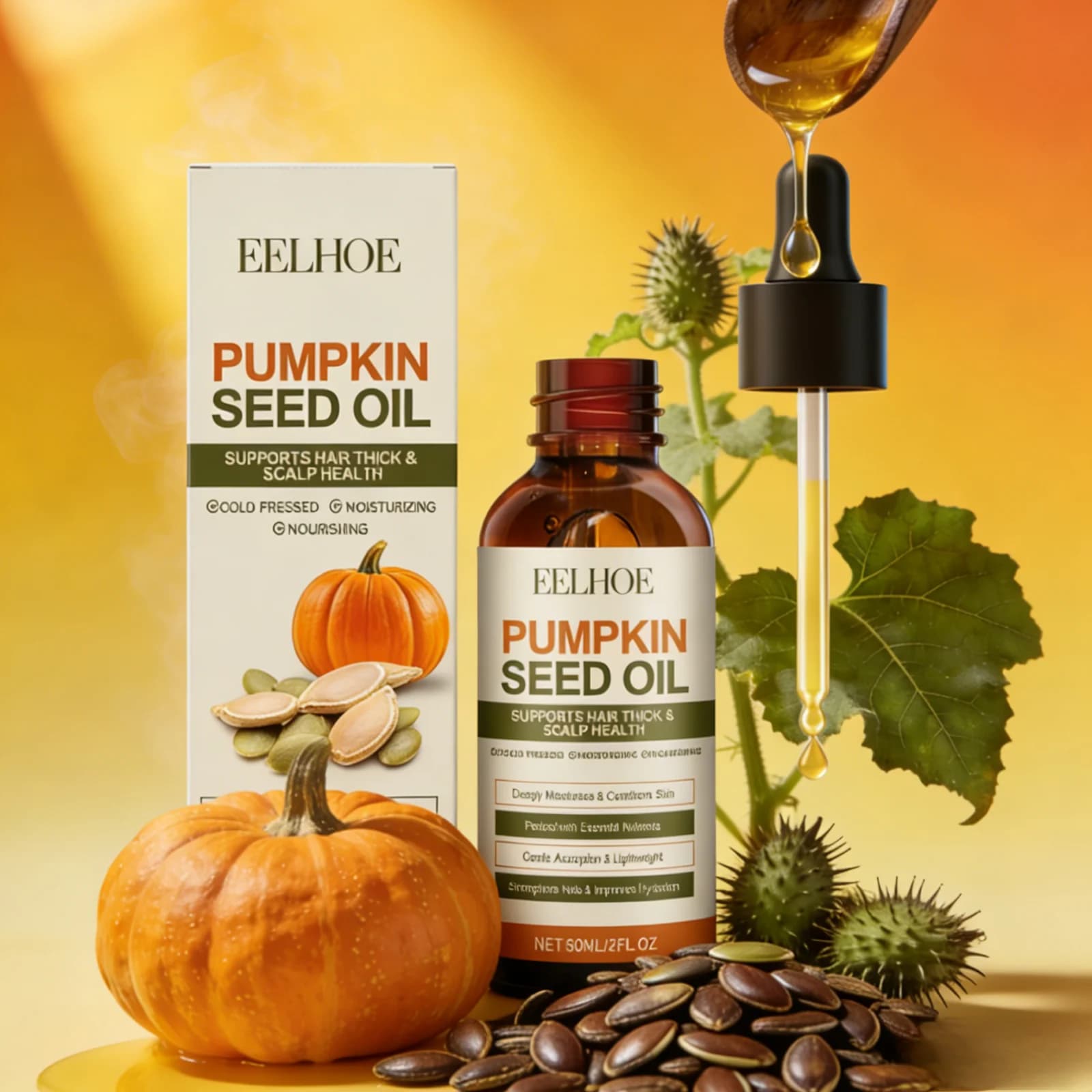 Huile de graines de citrouille EELHOE, produits pour la croissance des cheveux, traitement hydratant du cuir chevelu, réparation des ongles, huile de ricin naturelle biologique pressée à froid